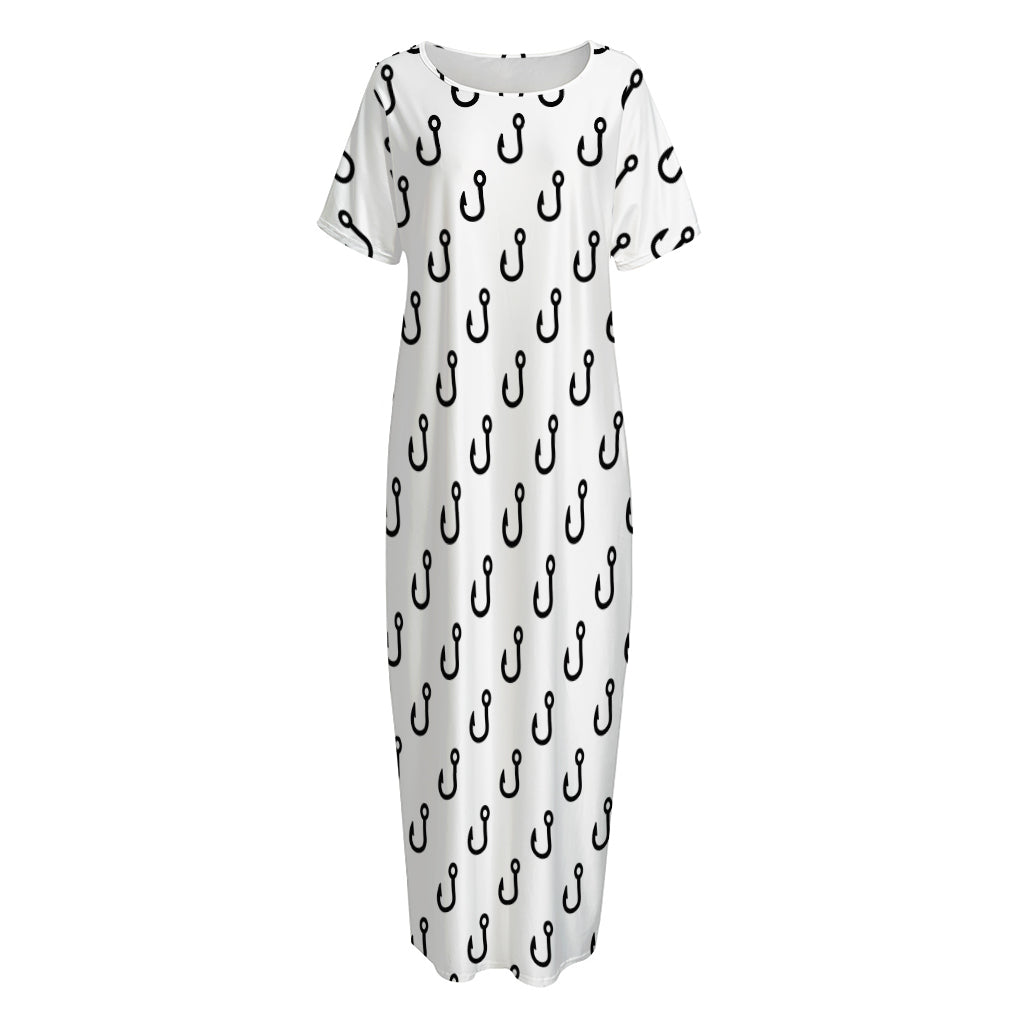 White And Black Fishing Hooks Print Short Sleeve Long Nightdress