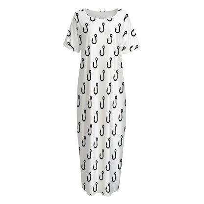 White And Black Fishing Hooks Print Short Sleeve Long Nightdress