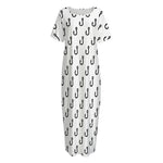White And Black Fishing Hooks Print Short Sleeve Long Nightdress