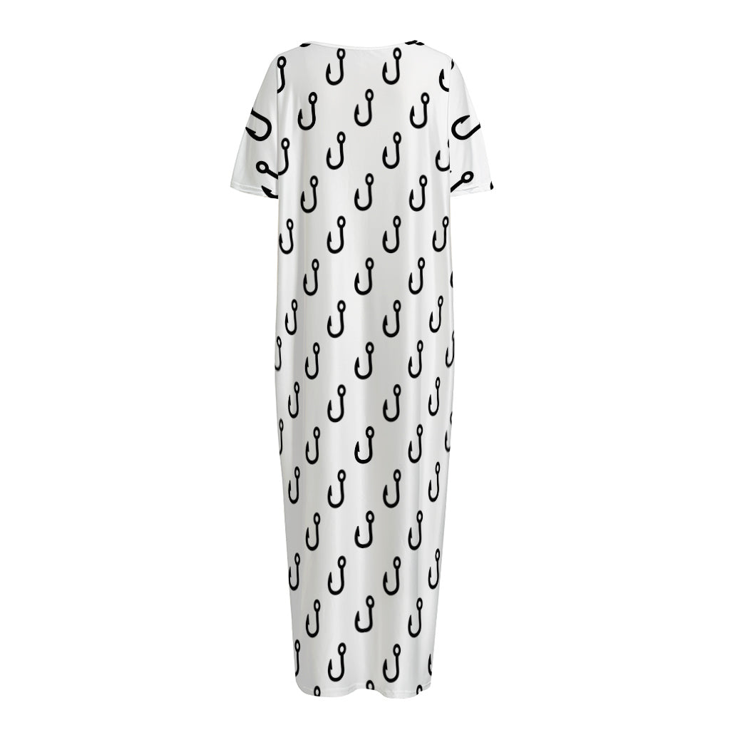 White And Black Fishing Hooks Print Short Sleeve Long Nightdress