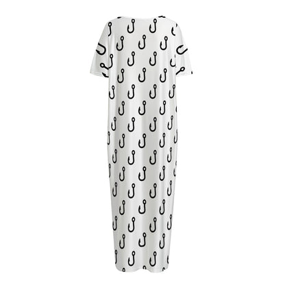 White And Black Fishing Hooks Print Short Sleeve Long Nightdress