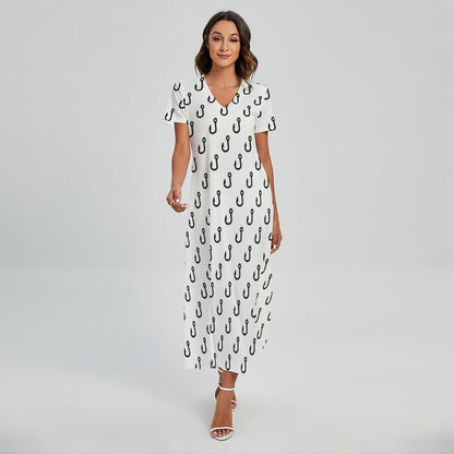 White And Black Fishing Hooks Print Short Sleeve Maxi Dress