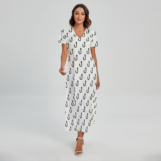 White And Black Fishing Hooks Print Short Sleeve Maxi Dress