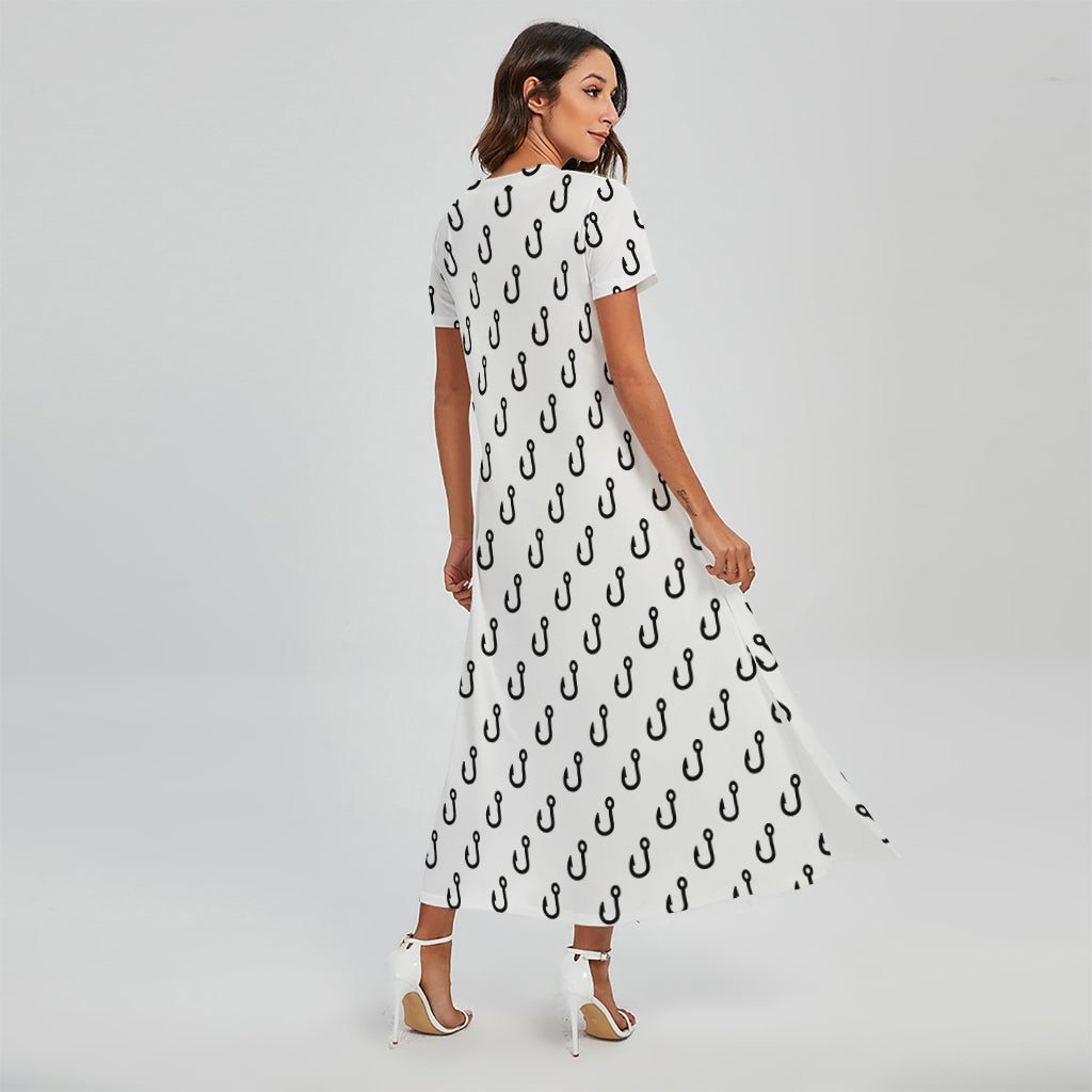 White And Black Fishing Hooks Print Short Sleeve Maxi Dress