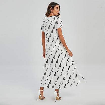 White And Black Fishing Hooks Print Short Sleeve Maxi Dress