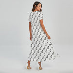 White And Black Fishing Hooks Print Short Sleeve Maxi Dress