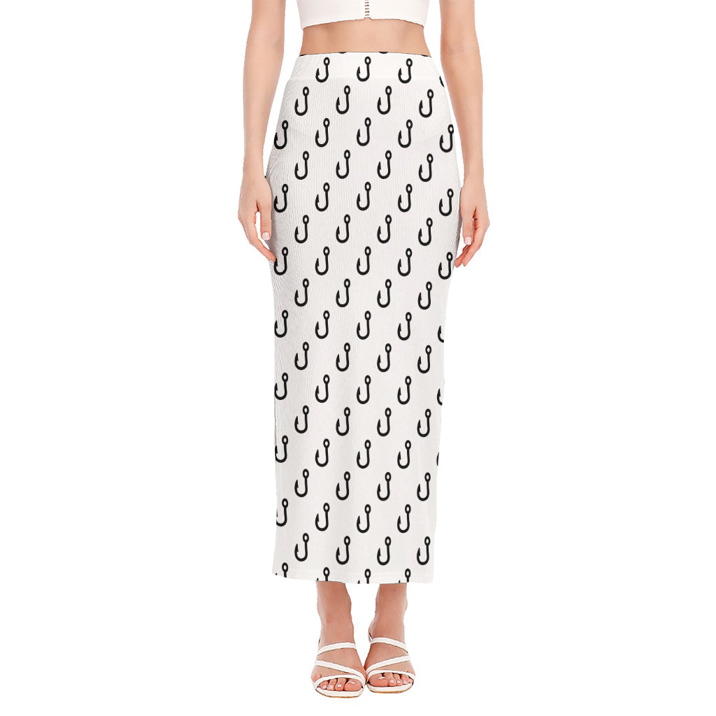 White And Black Fishing Hooks Print Side Slit Maxi Skirt
