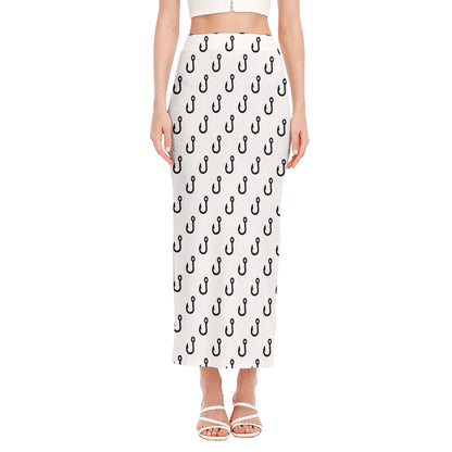 White And Black Fishing Hooks Print Side Slit Maxi Skirt