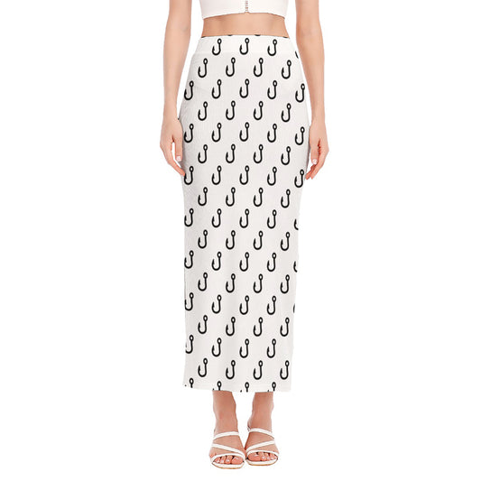White And Black Fishing Hooks Print Side Slit Maxi Skirt