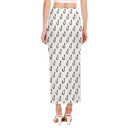 White And Black Fishing Hooks Print Side Slit Maxi Skirt