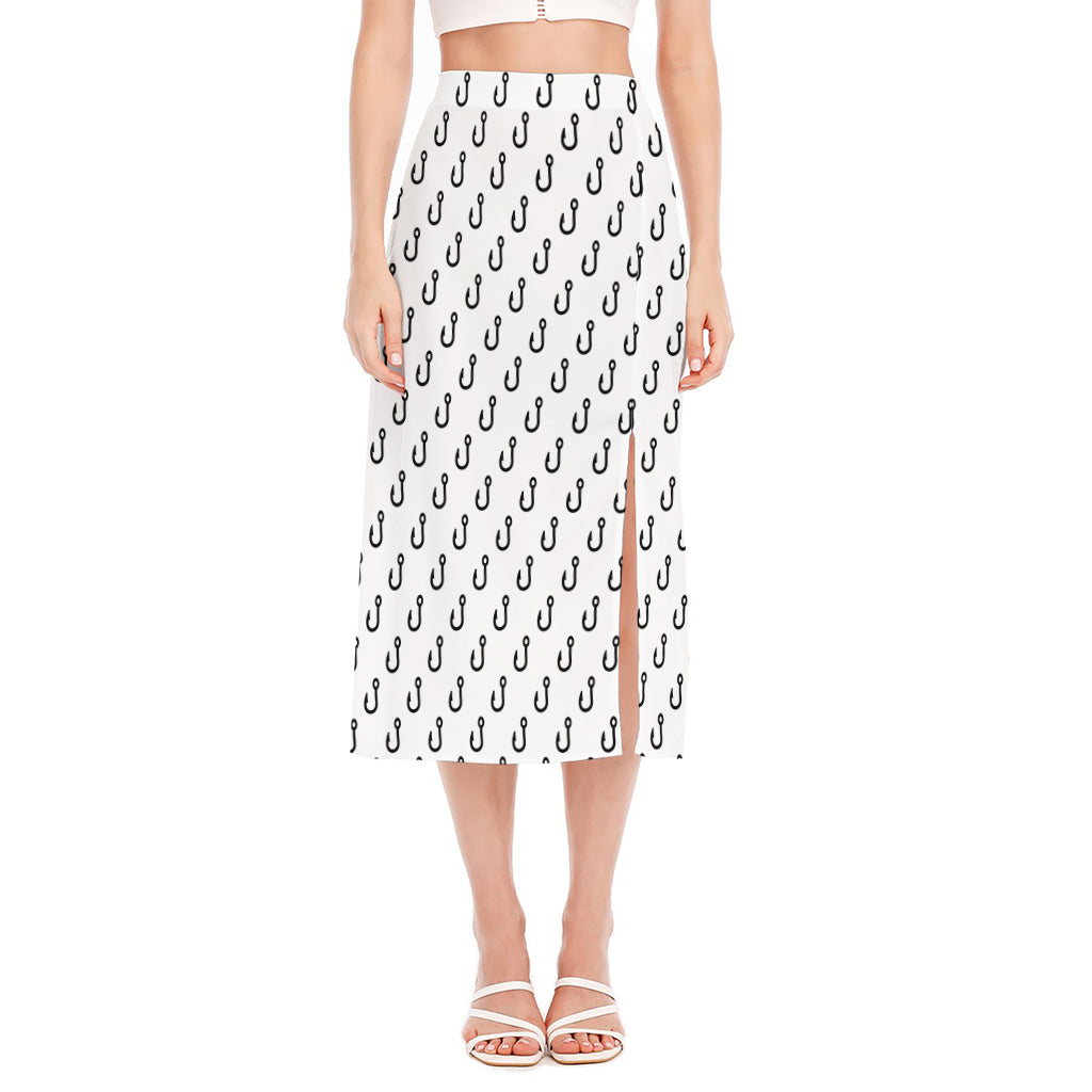 White And Black Fishing Hooks Print Side Slit Midi Skirt