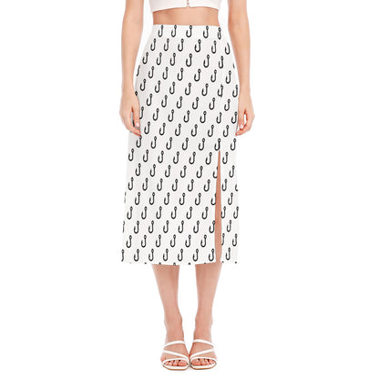 White And Black Fishing Hooks Print Side Slit Midi Skirt