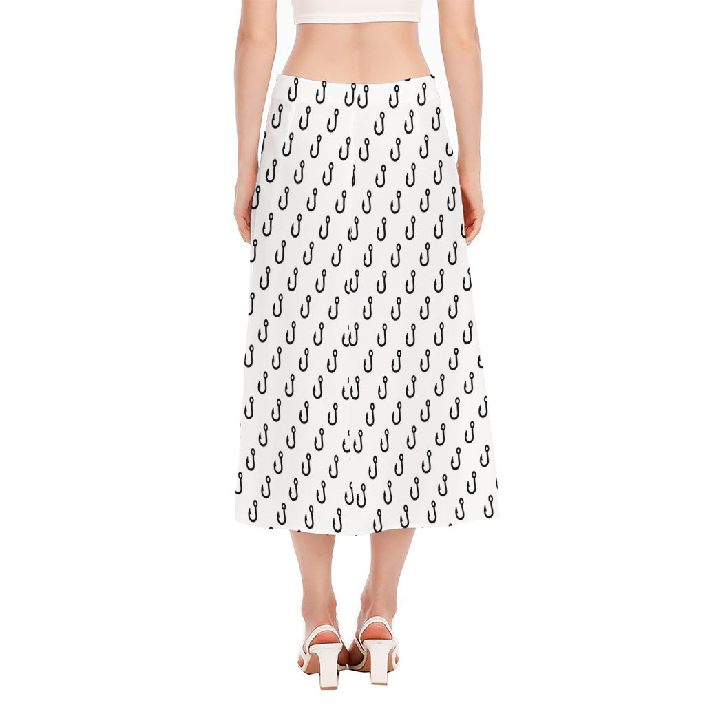 White And Black Fishing Hooks Print Side Slit Midi Skirt