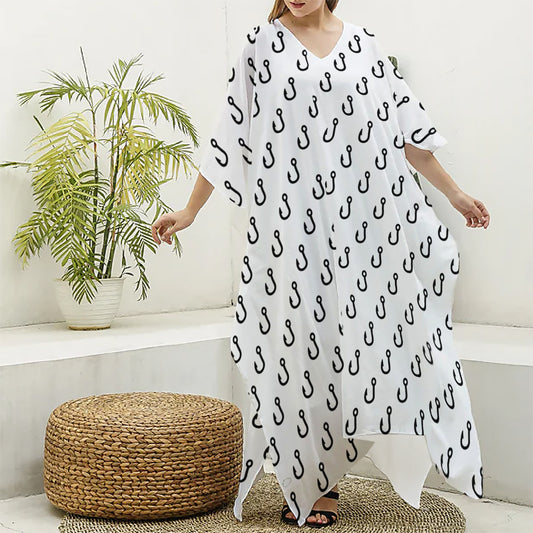 White And Black Fishing Hooks Print Silk V-Neck Kaftan Dress