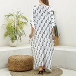 White And Black Fishing Hooks Print Silk V-Neck Kaftan Dress