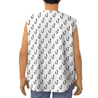 White And Black Fishing Hooks Print Sleeveless Baseball Jersey