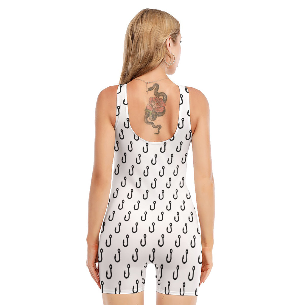 White And Black Fishing Hooks Print Sleeveless One Piece Swimsuit