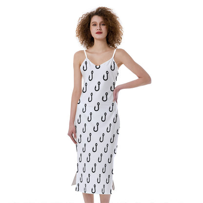 White And Black Fishing Hooks Print Slim Fit Midi Cami Dress
