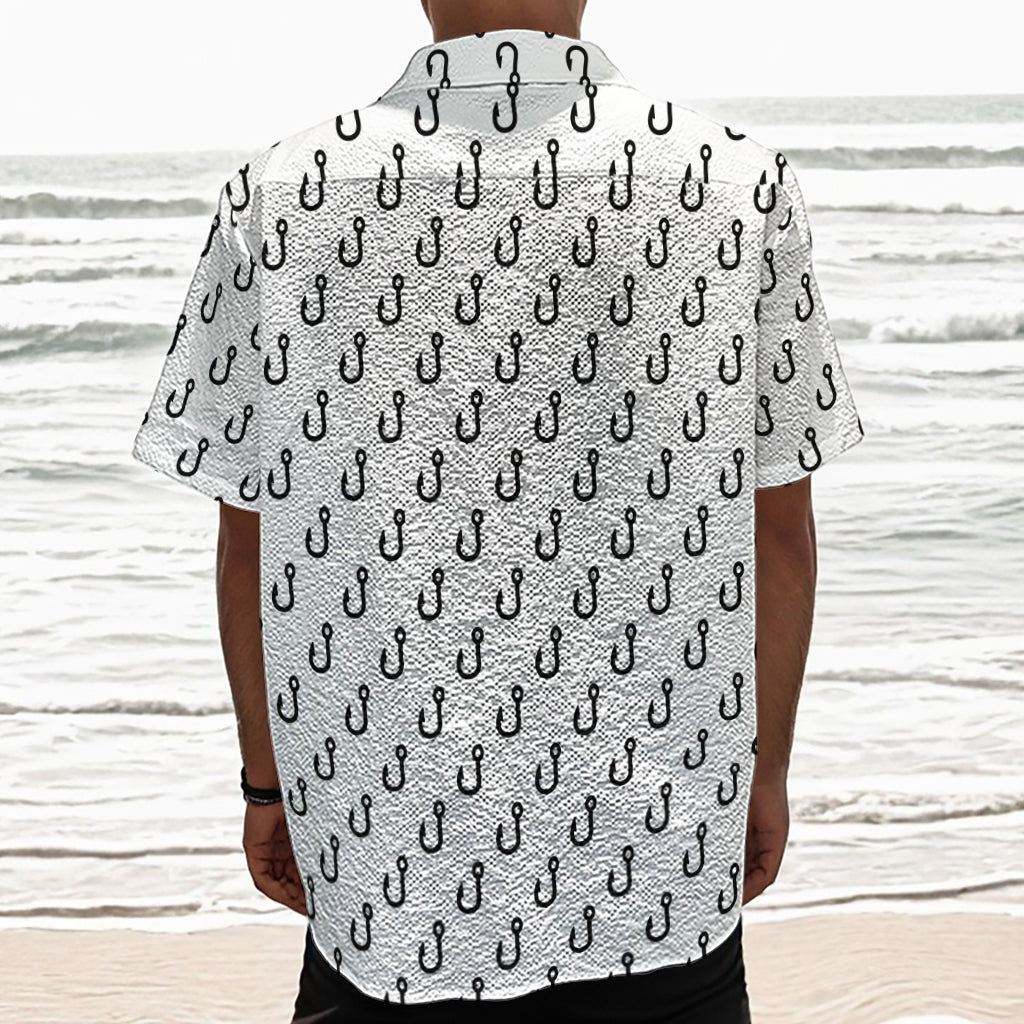 White And Black Fishing Hooks Print Textured Short Sleeve Shirt