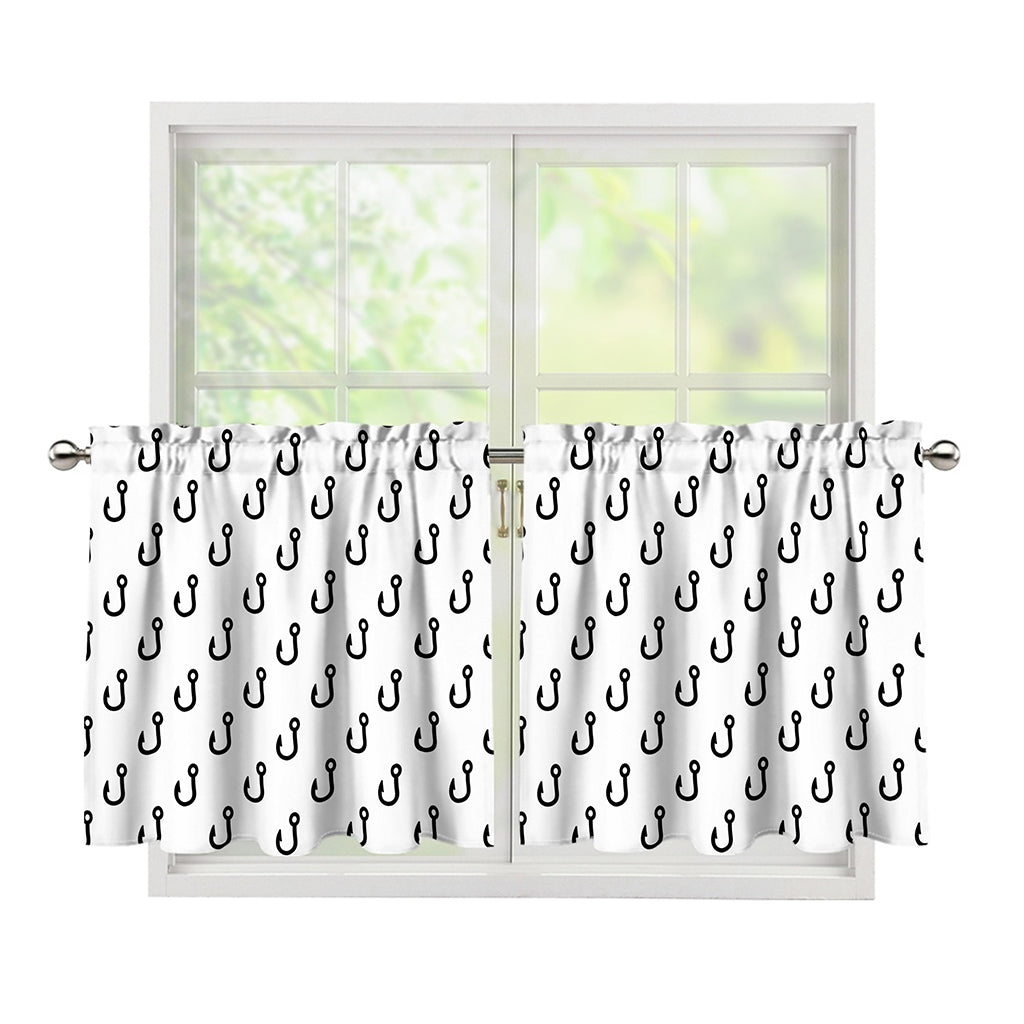 White And Black Fishing Hooks Print Tier Curtains