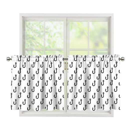 White And Black Fishing Hooks Print Tier Curtains