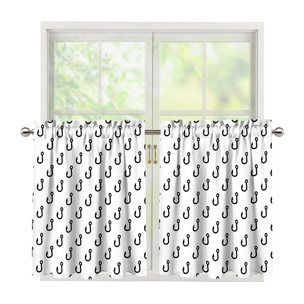 White And Black Fishing Hooks Print Tier Curtains