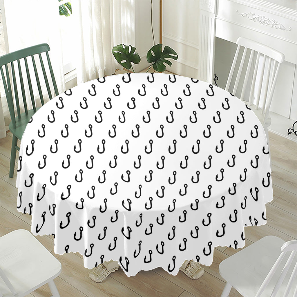 White And Black Fishing Hooks Print Waterproof Round Tablecloth