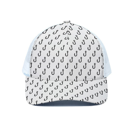 White And Black Fishing Hooks Print White Mesh Trucker Cap