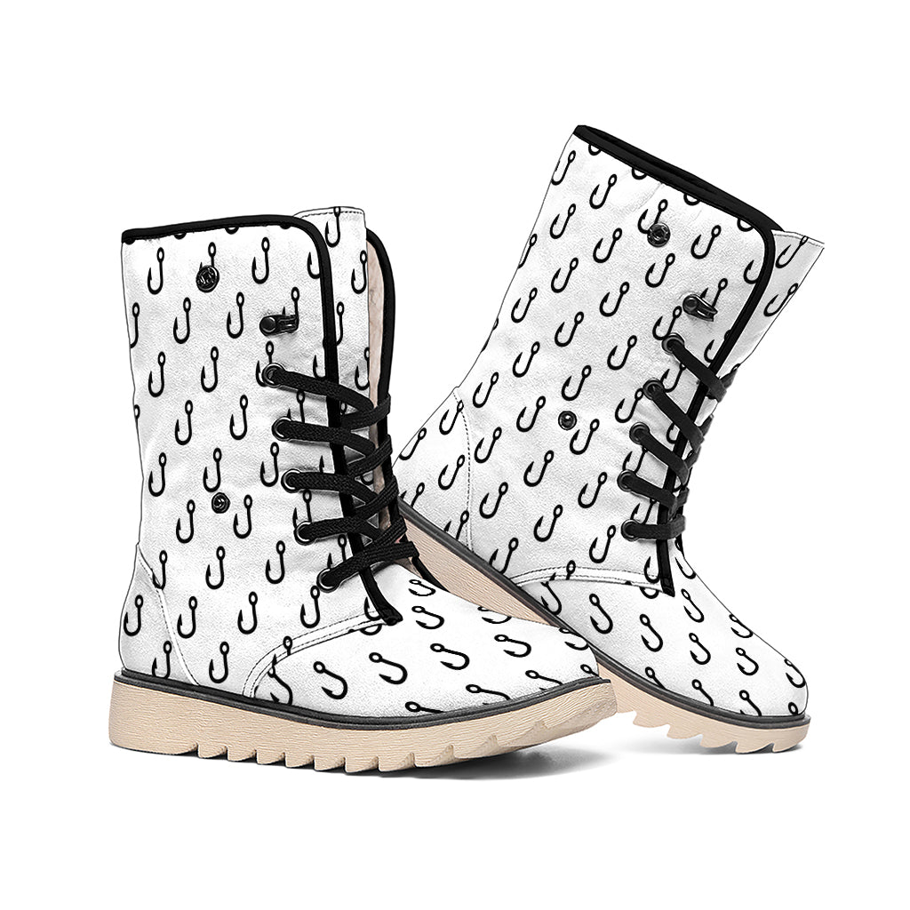 White And Black Fishing Hooks Print Winter Boots