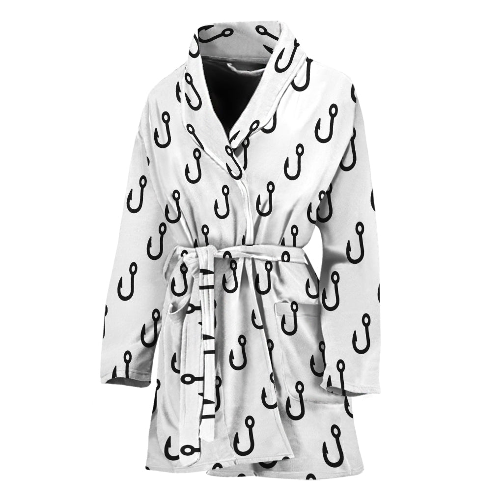 White And Black Fishing Hooks Print Women's Bathrobe