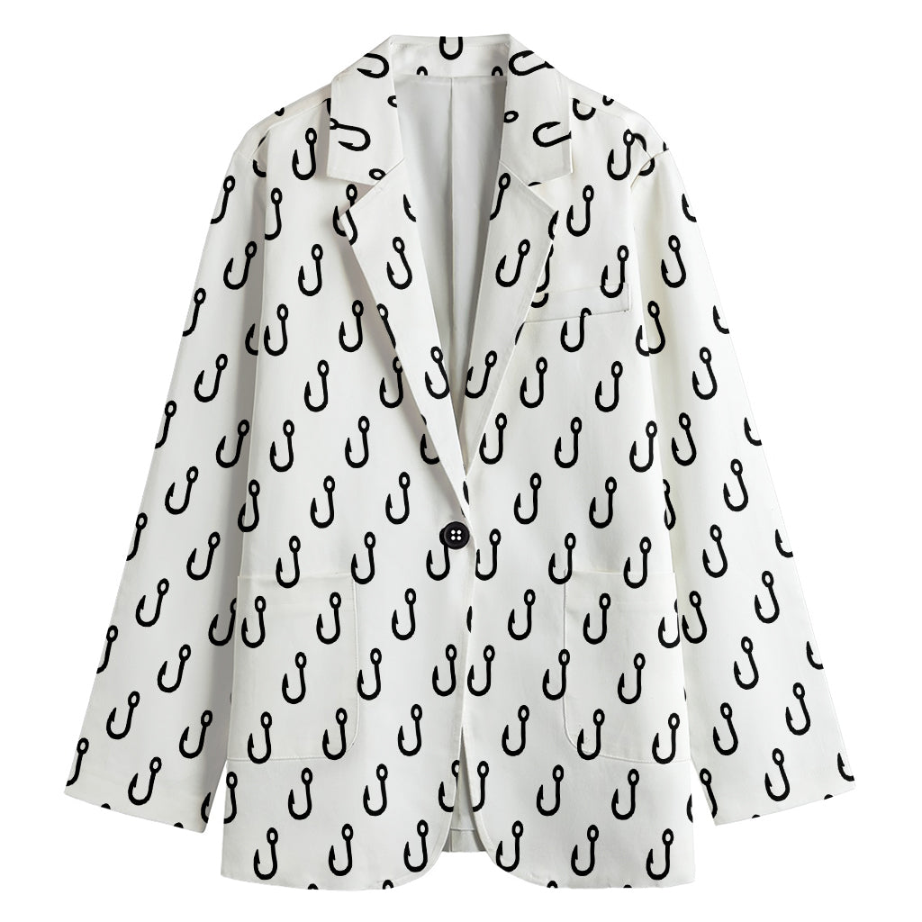 White And Black Fishing Hooks Print Women's Cotton Blazer