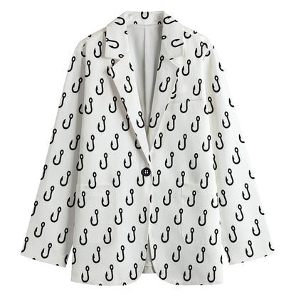 White And Black Fishing Hooks Print Women's Cotton Blazer