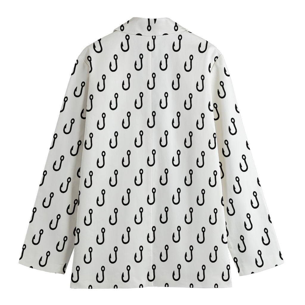 White And Black Fishing Hooks Print Women's Cotton Blazer