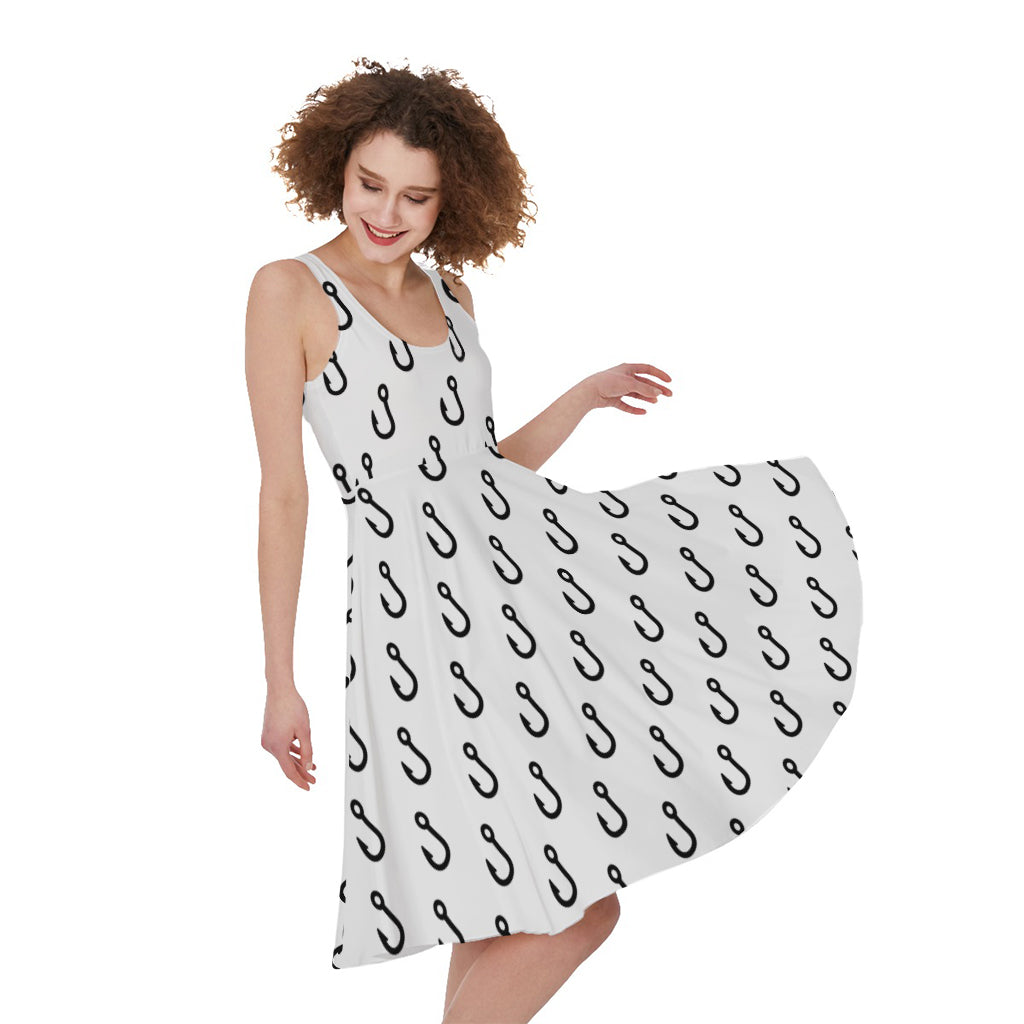 White And Black Fishing Hooks Print Women's Sleeveless Dress