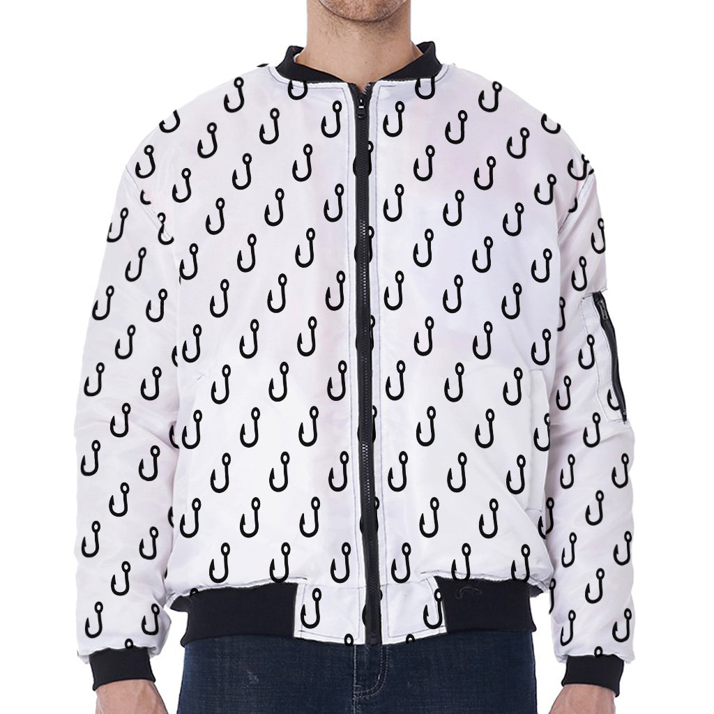 White And Black Fishing Hooks Print Zip Sleeve Bomber Jacket