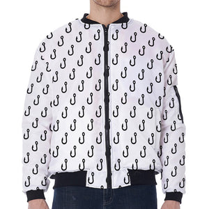 White And Black Fishing Hooks Print Zip Sleeve Bomber Jacket