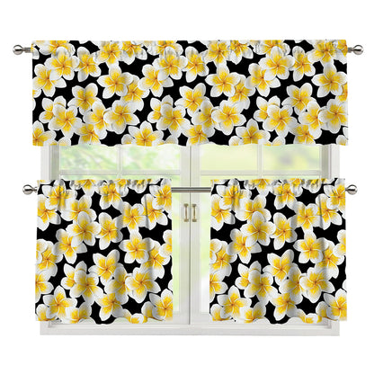 White And Black Frangipani Pattern Print 3 Piece Kitchen Curtains
