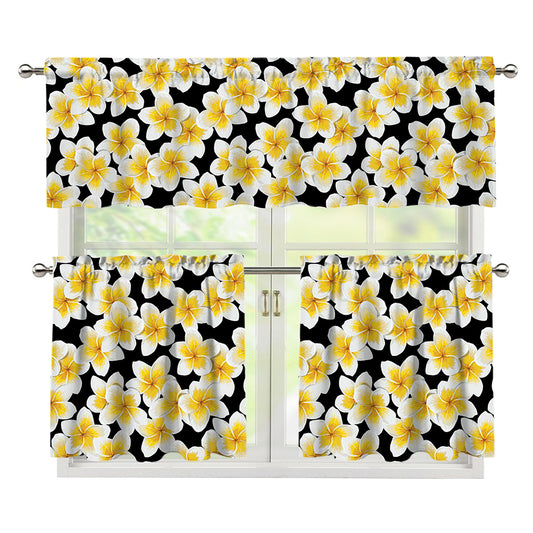 White And Black Frangipani Pattern Print 3 Piece Kitchen Curtains