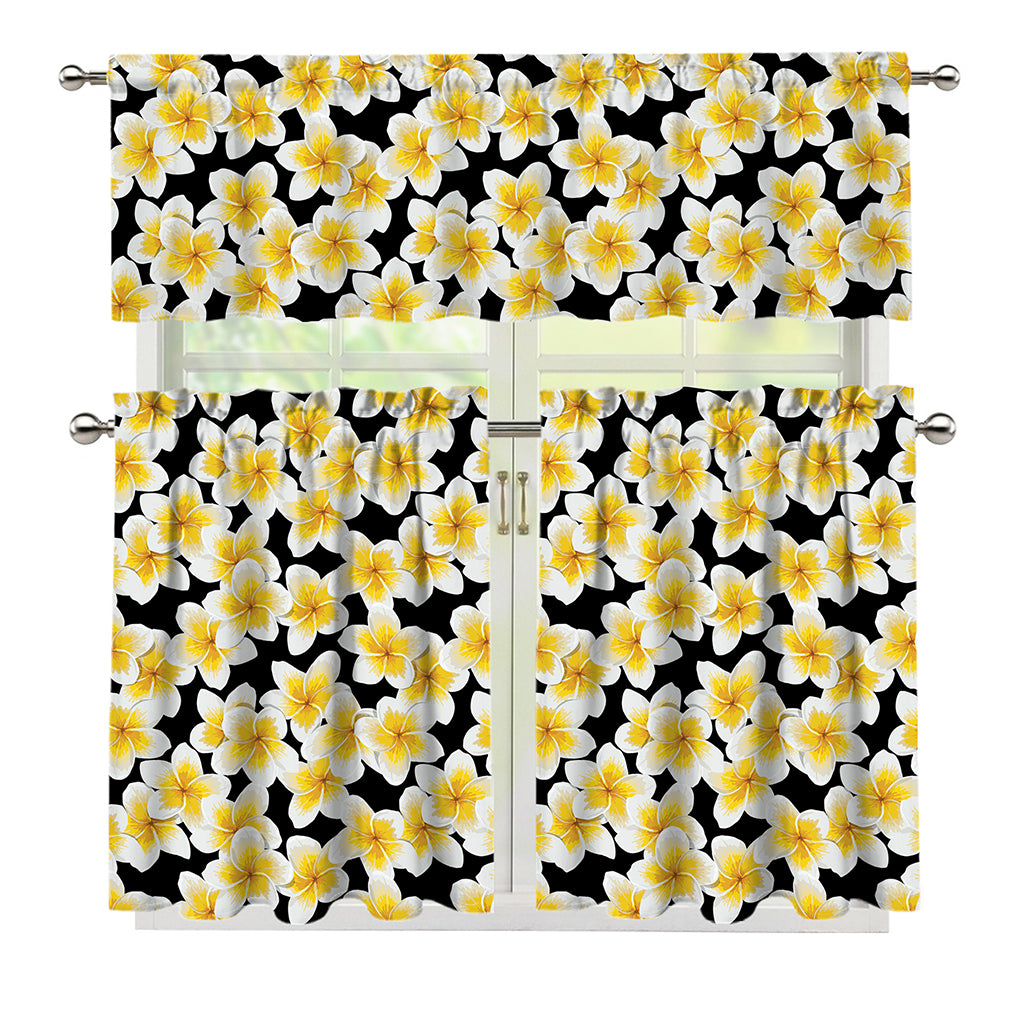 White And Black Frangipani Pattern Print 3 Piece Kitchen Curtains