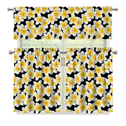 White And Black Frangipani Pattern Print 3 Piece Kitchen Curtains