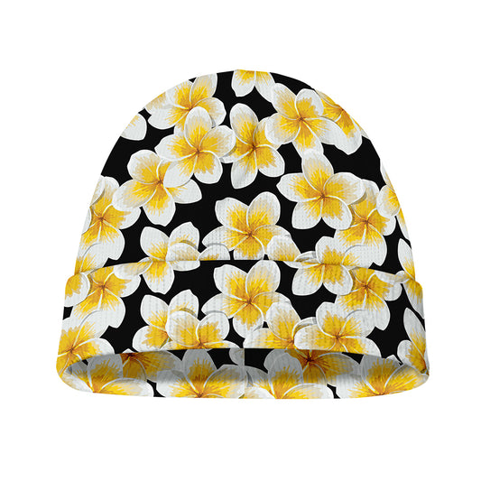 White And Black Frangipani Pattern Print Beanie