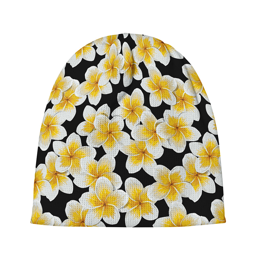 White And Black Frangipani Pattern Print Beanie