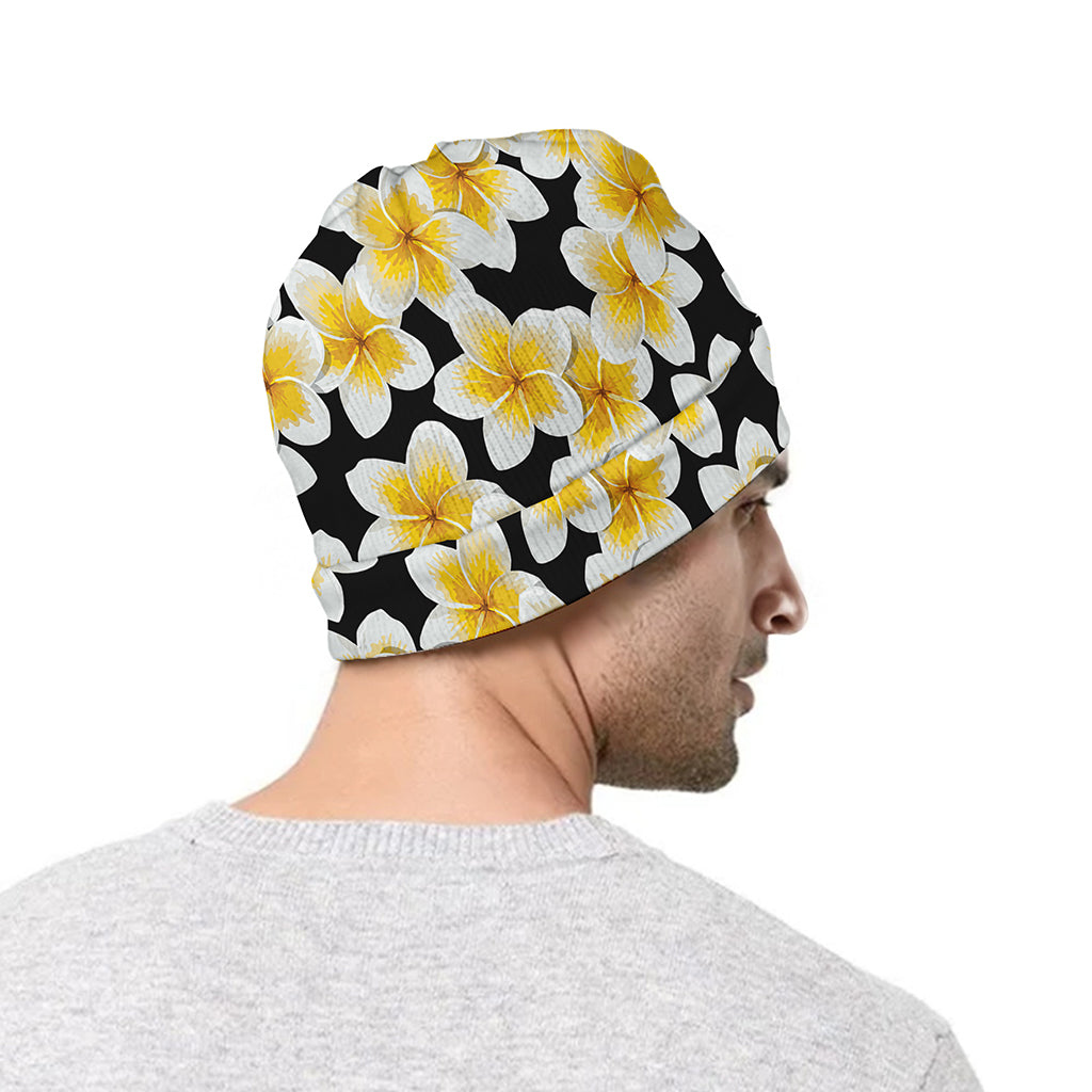 White And Black Frangipani Pattern Print Beanie