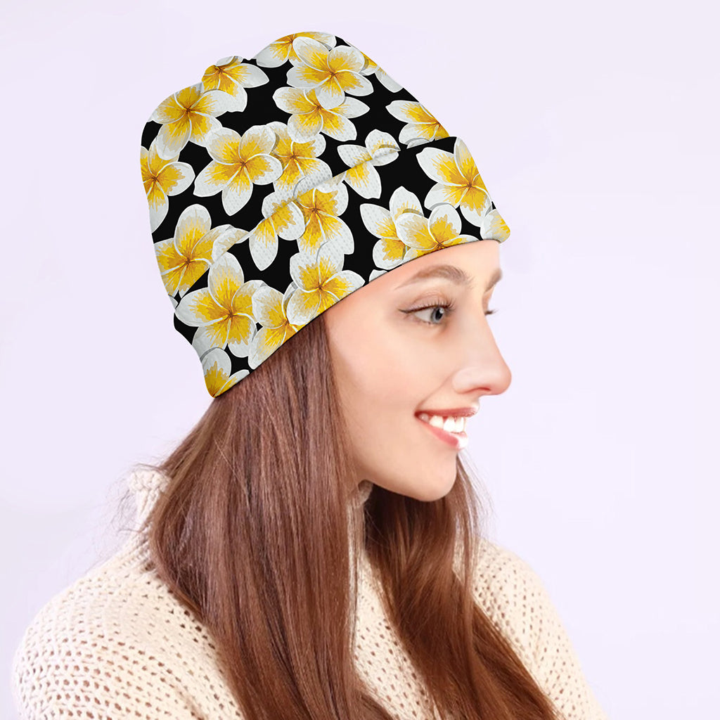 White And Black Frangipani Pattern Print Beanie