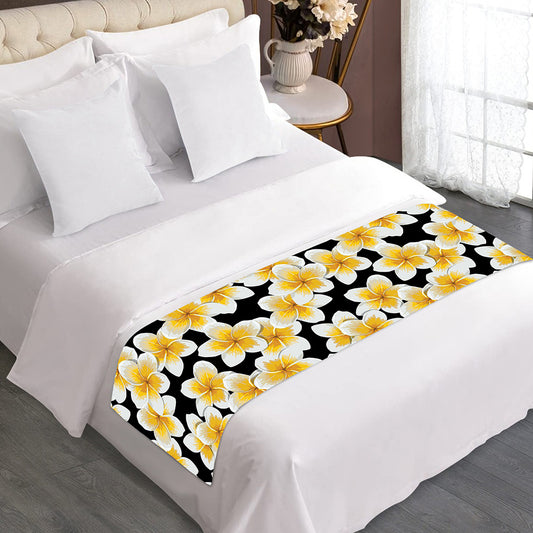 White And Black Frangipani Pattern Print Bed Runner