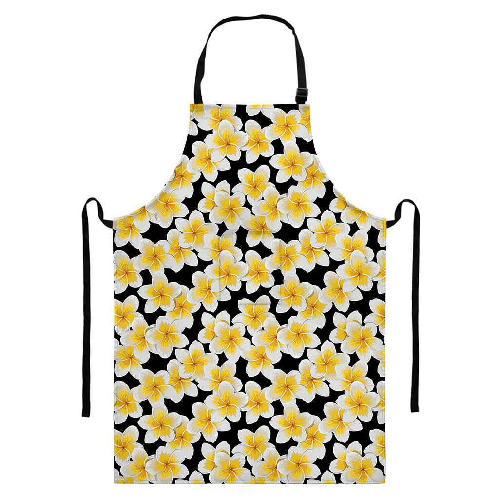 White And Black Frangipani Pattern Print Bib Apron With Pocket