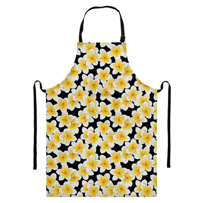 White And Black Frangipani Pattern Print Bib Apron With Pocket
