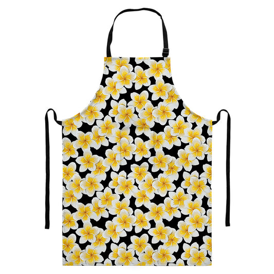 White And Black Frangipani Pattern Print Bib Apron With Pocket