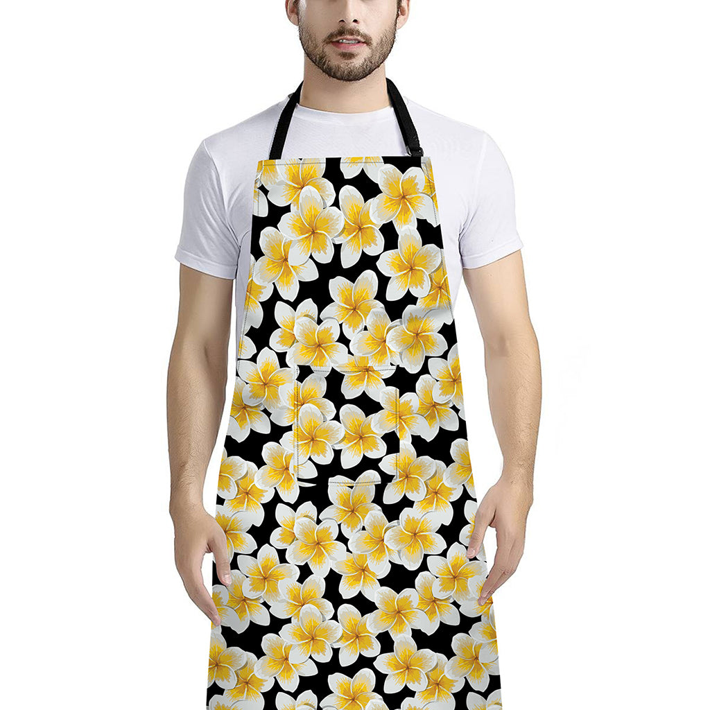 White And Black Frangipani Pattern Print Bib Apron With Pocket