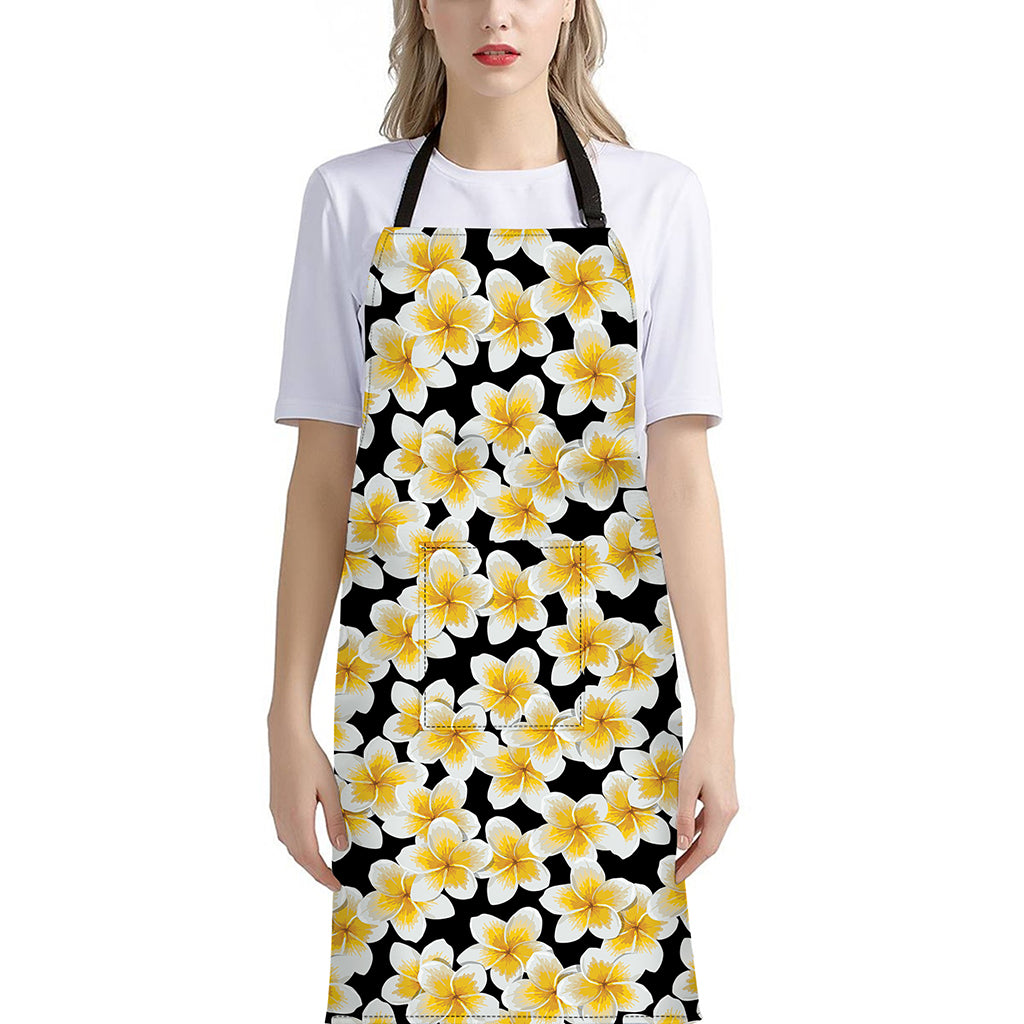 White And Black Frangipani Pattern Print Bib Apron With Pocket
